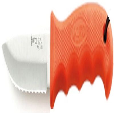 CUTCO Model 5719 Orange Clip Point Knife .High Carbon, Stainless 4 3/8" Double-D Serrated Edge Blade.5 7/8" Durable Kraton handle.Leather sheath and lanyard included.