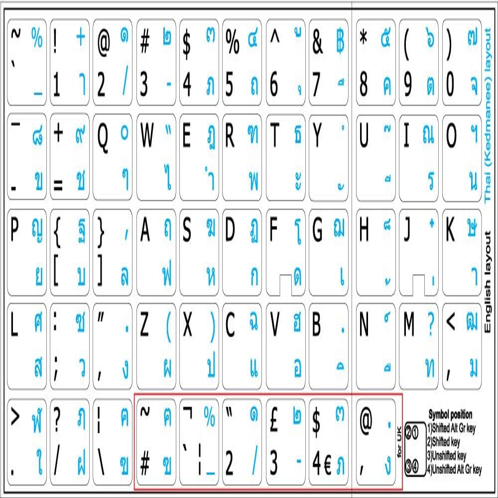 4Keyboard Thai - English Non-Transparent Keyboard Labels Layout Black OR White Background (14x14) for Desktop, Laptop and Notebook (CG) (White Background)
