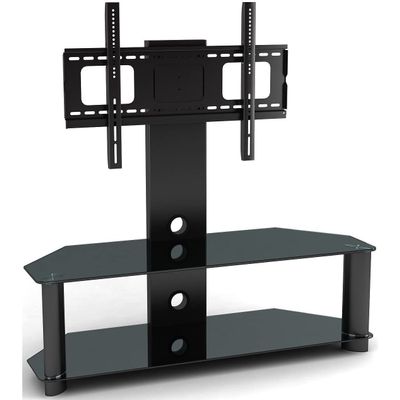 2xhome TV Stand Integrated TV Stand & Shelf Modern Black Glass Wall Swivel Tier Shelves Base Slim Fit Furniture 30" - 60" TV 38 40 42 43 47 50 55 60 Inch Inches Game Video Audio System Mount Bracket