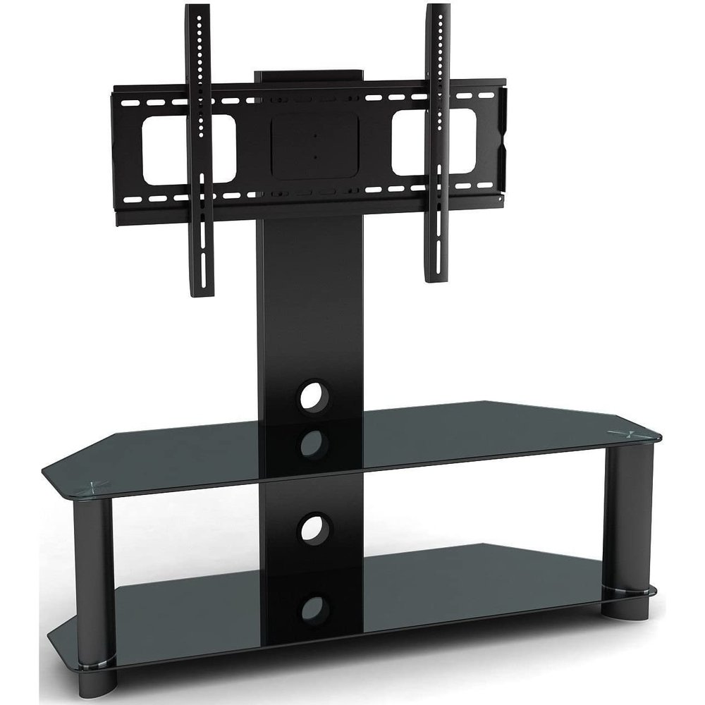 2xhome TV Stand Integrated TV Stand & Shelf Modern Black Glass Wall Swivel Tier Shelves Base Slim Fit Furniture 30" - 60" TV 38 40 42 43 47 50 55 60 Inch Inches Game Video Audio System Mount Bracket
