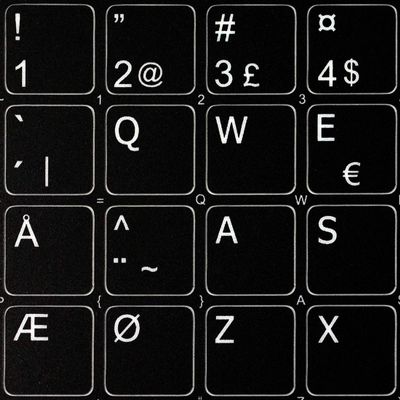 Danish Non-Transparent Keyboard Labels Layout Black OR White Background (15x15) for Desktop, Laptop and Notebook (Black Background)
