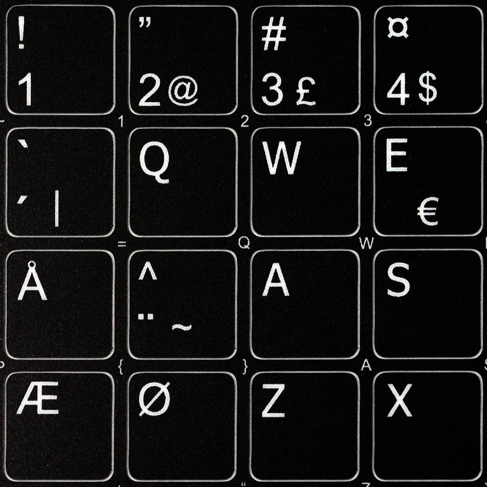 Danish Non-Transparent Keyboard Labels Layout Black OR White Background (15x15) for Desktop, Laptop and Notebook (Black Background)