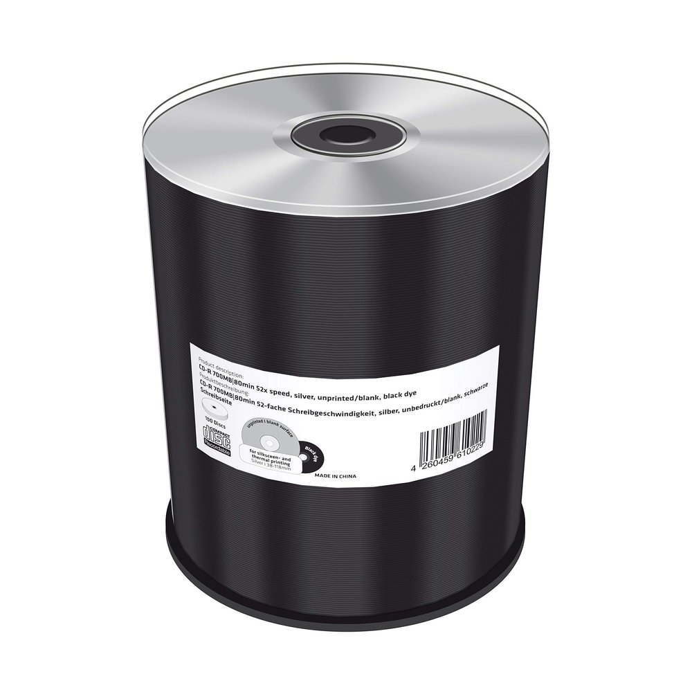 CD-R 700 Mb/s 80 Min 52x Speed, Silver, Unprinted/Blank, Black Dye, Cake 100