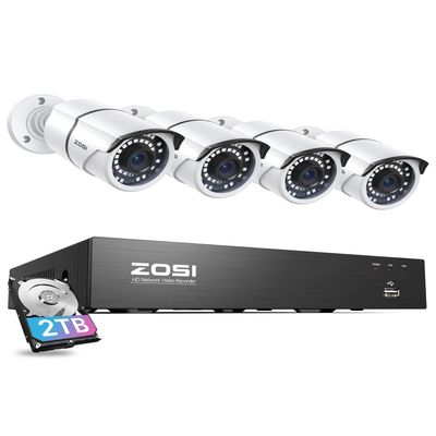 ZOSI 8CH 4K PoE Home Security Camera System, 8 Ports 16CH 8MP NVR with 2TB HDD, 4pcs 5MP Indoor Outdoor PoE Cameras, 120ft Night Vision, 24/7 Recording, Remote Access