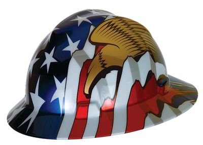 MSA 10071159 Freedom Series V-Gard Full-Brim Hard Hat With Fas-Trac III Ratchet Suspension, Polyethylene Shell, Self Adjusting Crown Straps - Standard Size, American Flag with 2 Eagles