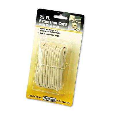 Telephone Extension Cord, Plug/Dual Jack, 25 ft., Almond