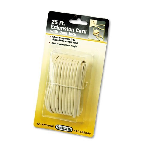 Telephone Extension Cord, Plug/Dual Jack, 25 ft., Almond