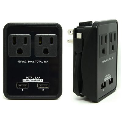 RND Compact Power Station 2.4 Amp Dual USB Ports, 2 AC Outlet Wall Charger (black)