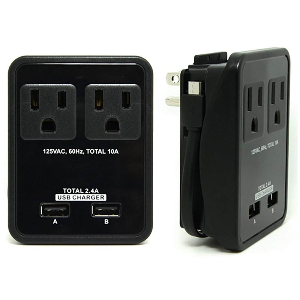 RND Compact Power Station 2.4 Amp Dual USB Ports, 2 AC Outlet Wall Charger (black)