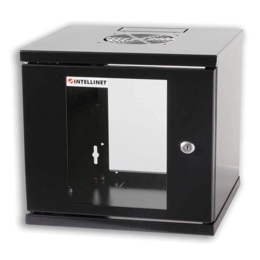 Intellinet Network Cabinet, Wall Mount (Standard), 6U, 300 mm Deep, Black, Assembled, Max 60 kg, Metal & Glass Door, Back Panel, Removeable Sides, Suitable Also for use on a Desk or Floor, 10 Inch