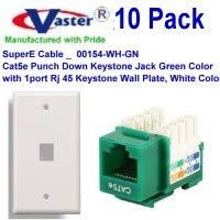 Vaster SKU 10 Pack 00154-WH-GN Cat5e Punch Down Keystone Jack Green Color, with 1port Rj 45 Keystone Wall Plate, White Color
