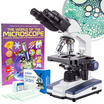 AmScope 2500X LED Lab Binocular Compound Microscope w 3D-Stage, Book & Blank Slide Set