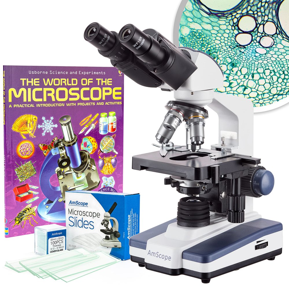 AmScope 2500X LED Lab Binocular Compound Microscope w 3D-Stage, Book & Blank Slide Set