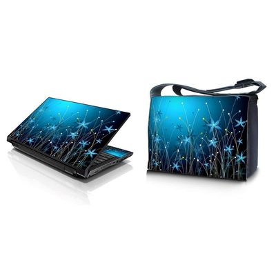 LSS 15-15.6" Laptop Messenger Crossbody Bag with Matching Laptop Skin Sticker Combo | Carrying Case for 14" 15" 15.6" or Smaller Size Notebook - Blue Floral