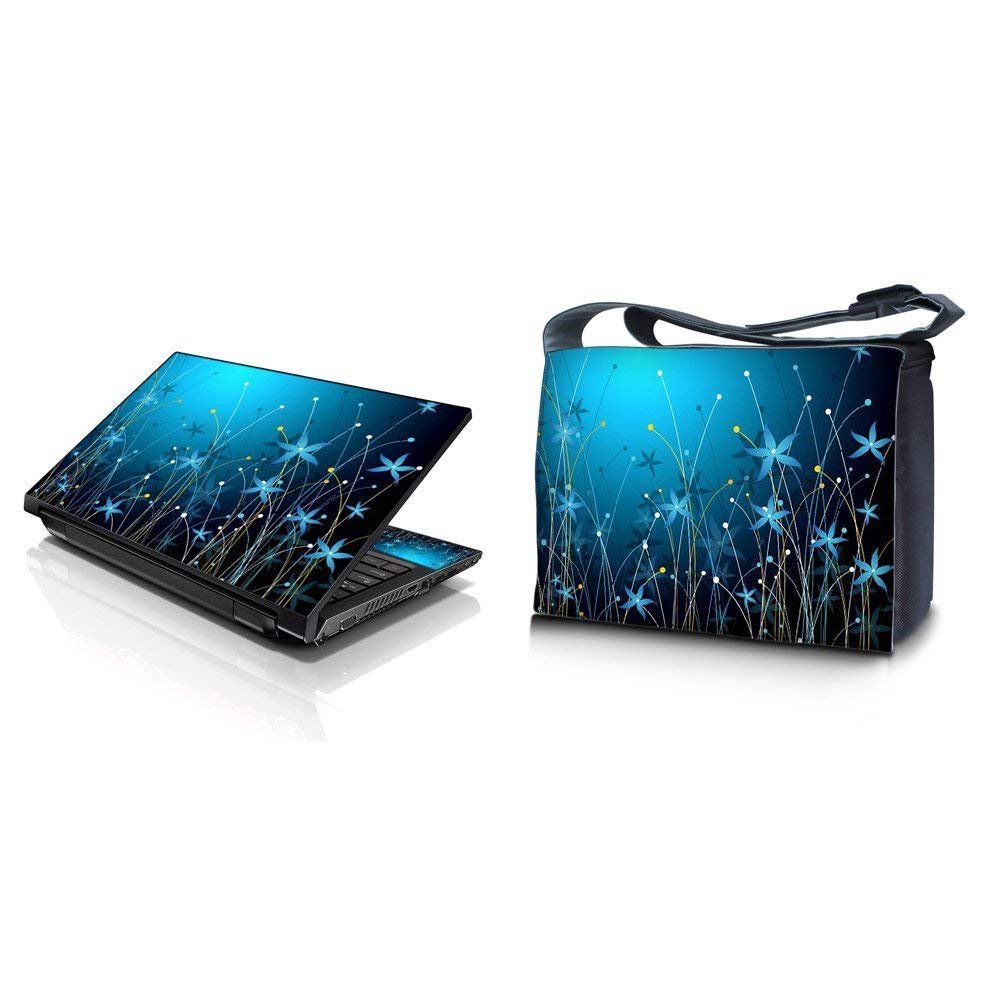 LSS 15-15.6" Laptop Messenger Crossbody Bag with Matching Laptop Skin Sticker Combo | Carrying Case for 14" 15" 15.6" or Smaller Size Notebook - Blue Floral