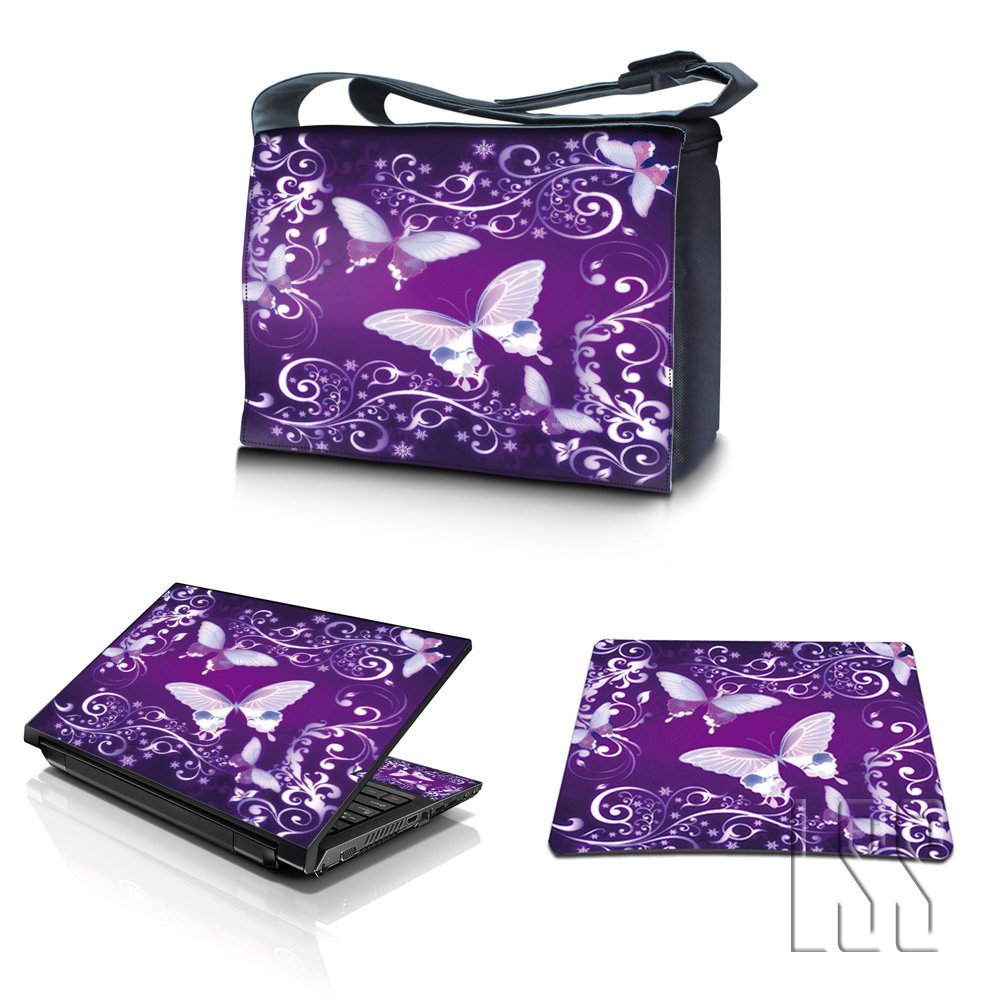 LSS 15-15.6" Laptop Messenger Crossbody Bag with Matching Laptop Skin Sticker & Mouse Pad Combo | Carrying Case for 14" 15" 15.6" or Smaller Size Notebook - Purple Butterfly