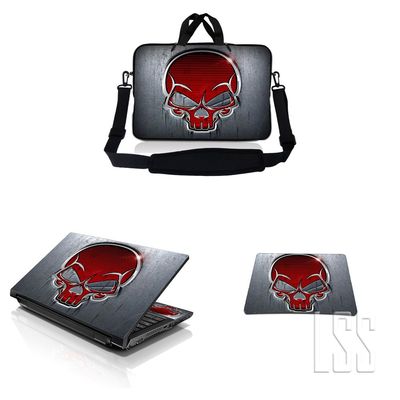 10 inch Sleeve Bag Carrying Case w/Handle, Adjustable Shoulder Strap, Matching Skin Sticker & Mouse Pad Compatible with 8" 9" 10.2" Dell, HP - Silver Red Skull