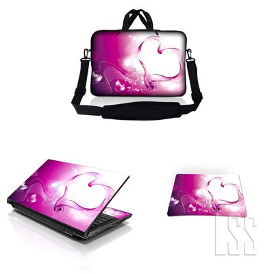 10 inch Sleeve Bag Carrying Case w/Handle, Adjustable Shoulder Strap, Matching Skin Sticker & Mouse Pad Compatible with 8" 9" 10.2" Lenovo, Dell, HP, MacBook Pro, MacBook Air - Pink Heart
