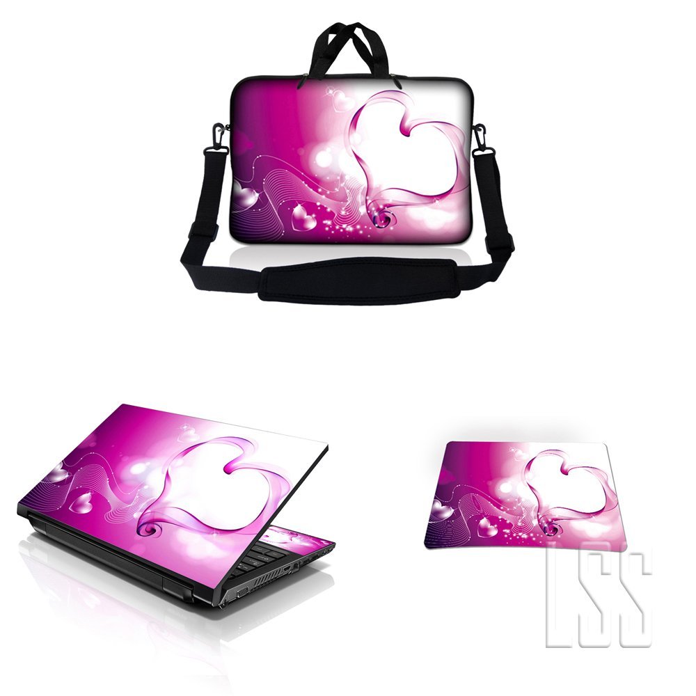 10 inch Sleeve Bag Carrying Case w/Handle, Adjustable Shoulder Strap, Matching Skin Sticker & Mouse Pad Compatible with 8" 9" 10.2" Lenovo, Dell, HP, MacBook Pro, MacBook Air - Pink Heart