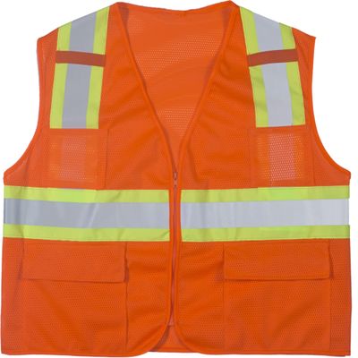 Mutual Industries Polyester ANSI Class 2 Surveyor Safety Vest with Pouch Pockets and 4" Lime/Silver/Lime Reflective Tape, X-Large, Orange