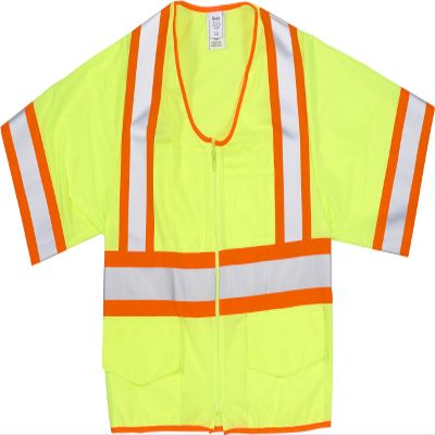 Mutual Industries High Visibility ANSI Class 3 Solid Vest with Pocket and 4" Orange/Silver/Orange Reflective Tape, X-Large, Lime