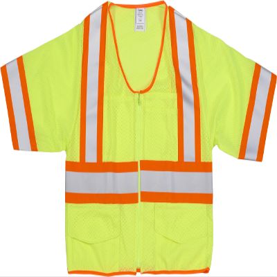 Mutual Industries High Visibility ANSI Class 3 Mesh Vest with 4" Orange/Silver/Orange Reflective Tape, X-Large, Lime