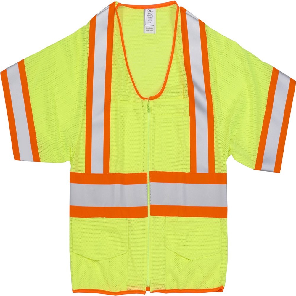 Mutual Industries High Visibility ANSI Class 3 Mesh Vest with 4" Orange/Silver/Orange Reflective Tape, X-Large, Lime