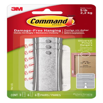 Command 5 lb Universal Picture Hanger, 3 Frame Hangers, 6 Command Strips and 6 Frame Stabilizer Strips for Sawtooth, D-Ring, Wire, Keyhole and Other Frames, Damage-Free Christmas Decorations