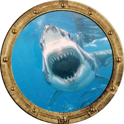 24" Port Scape Instant 3D Window Wall Sticker Great White Shark Attack Silver Porthole Wall Decal Ocean Under Water Sea Life Fish Kids Bedroom Playroom Wall Art Room Decor Removable Fabric Vinyl