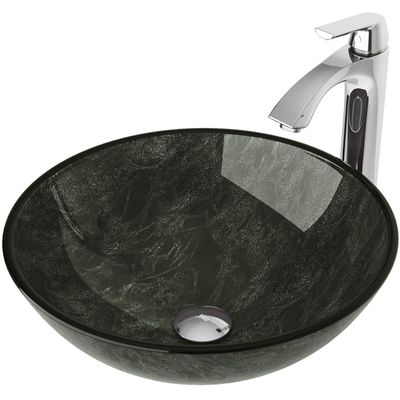 VIGO 17" L -17" W -12" H Giovanni Glass Round Vessel Sink Set in Gray Onyx with Faucet and Drain -VGT830