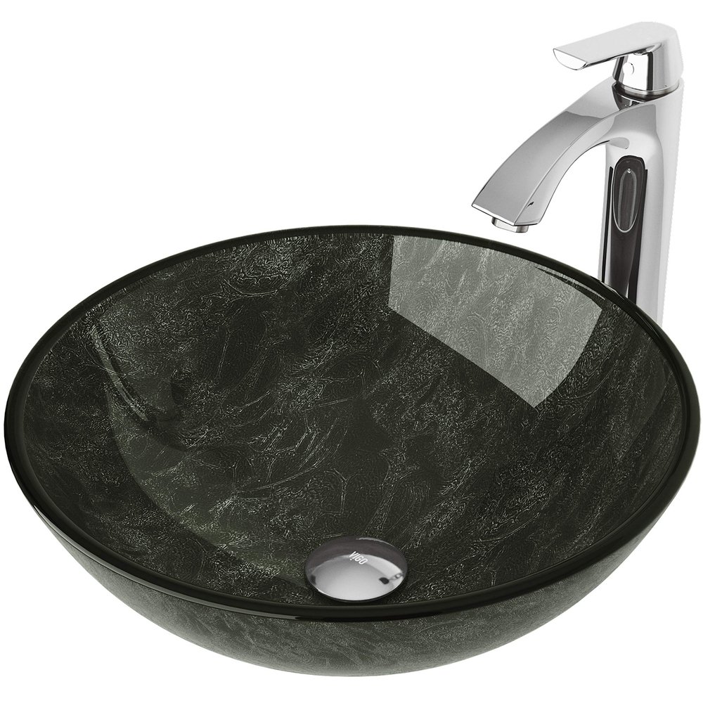VIGO 17" L -17" W -12" H Giovanni Glass Round Vessel Sink Set in Gray Onyx with Faucet and Drain -VGT830