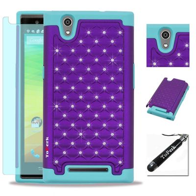 ZTE ZMax / Z970 Case, ToPerk (TM) Luxury Spot Diamond Dual Layer Armor Case + Free HD Screen Protector & Stylus Pen As Bundle Sale - Purple