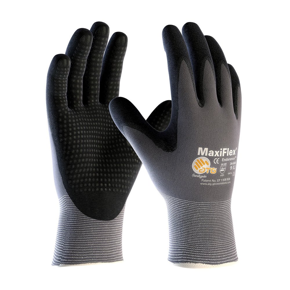 MaxiFlex Endurance 34-844 Seamless Knit Nylon Work Glove with Nitrile Coated Grip on Palm & Fingers (Pack of 3),Black and Gray