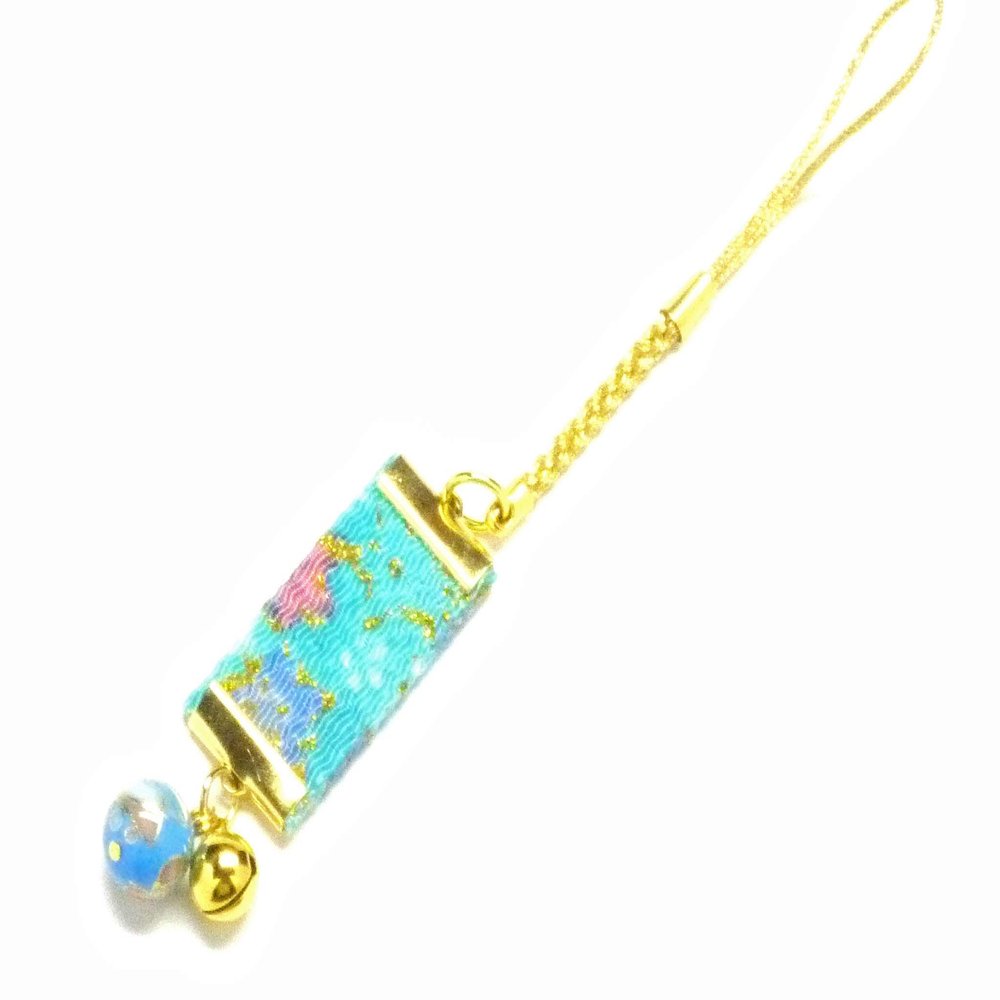 Kutani japanese porcelainstrapwith cellphone, Phone Cases, Keys, Cameras kaga yuzen style light green attached small bell