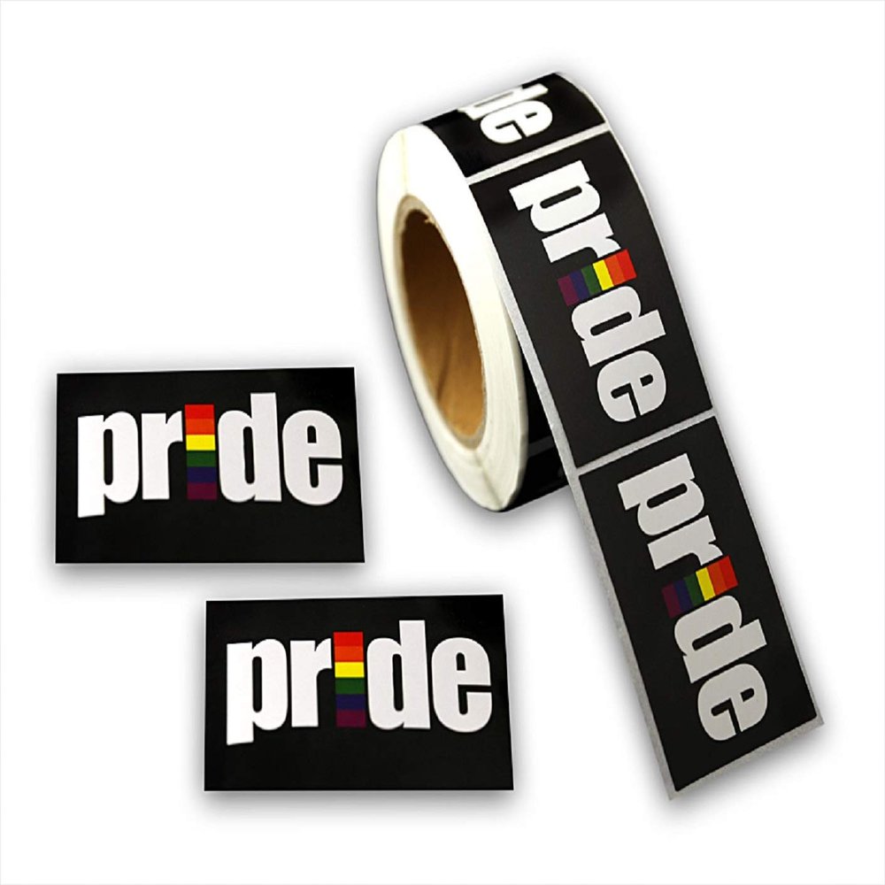 250 Rainbow Rectangle Shaped Stickers for Gay Pride, Lesbian, Transgender, LGBTQ Awareness - Black Flag (1 Roll - 250 Stickers)