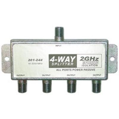 QUALCONNECT F-pin Coaxial Splitter, 4 Way, 2 GHz 90 dB, DC Passing on All Ports
