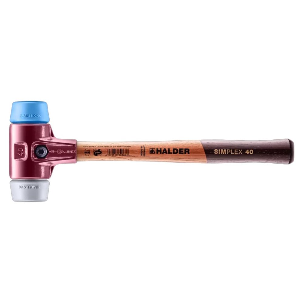 Halder Simplex Mallet 40mm Dual Faces, TPE-Soft & TPE-Mid Inserts, Cast Iron Housing with Protection Sleeve, Hickory Handle, Stone, Masonry & Assembly 3013.040
