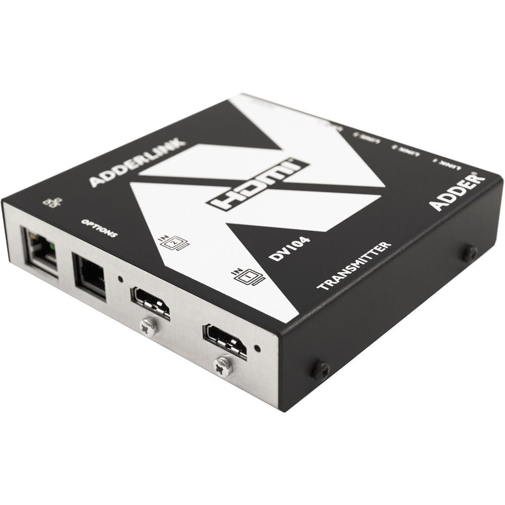 Adder ADDERLink DV104T; High Performance Digital Video Extender and Splitter; WUXGA (1920 x 1200), 1080p, 720p, or 480p; HTTP (RFC 2617); 2 x HDMI type A, 4 x RJ45 LINK outputs, 1 x 10/100 Mb/s