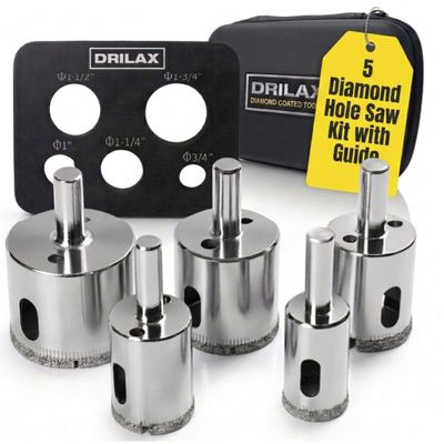 Drilax Diamond Drill Bit Set for Tile Glass Porcelain Granite, 5 Pc Hole Saw Kit with Guide and Case, 3/4 to 1-3/4 Inch Sizes, Clean Cuts for Faucet Drain Planter Holes