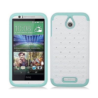 Digital4all(TM) For HTC Desire 510 Diamond Studded Defender Silicone Rubber Skin Hard Case + [FREE LCD Screen Protector Shield(Ultra Clear)+Touch Screen Stylus] (Diamond White / Teal)