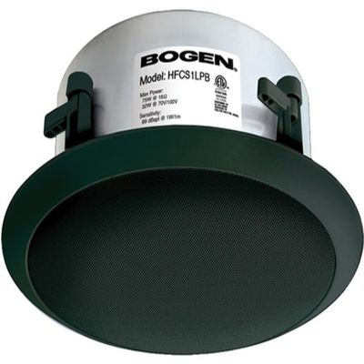 Bogen HFCS1LPB High Fidelity, Low Profile Ceiling Speaker, Black; Selectable Power Taps Via Front-Mounted Control; 16-Ohm Input for Non-Transformer, Multi-Speaker Systems; Integral Swing-Out Clamps