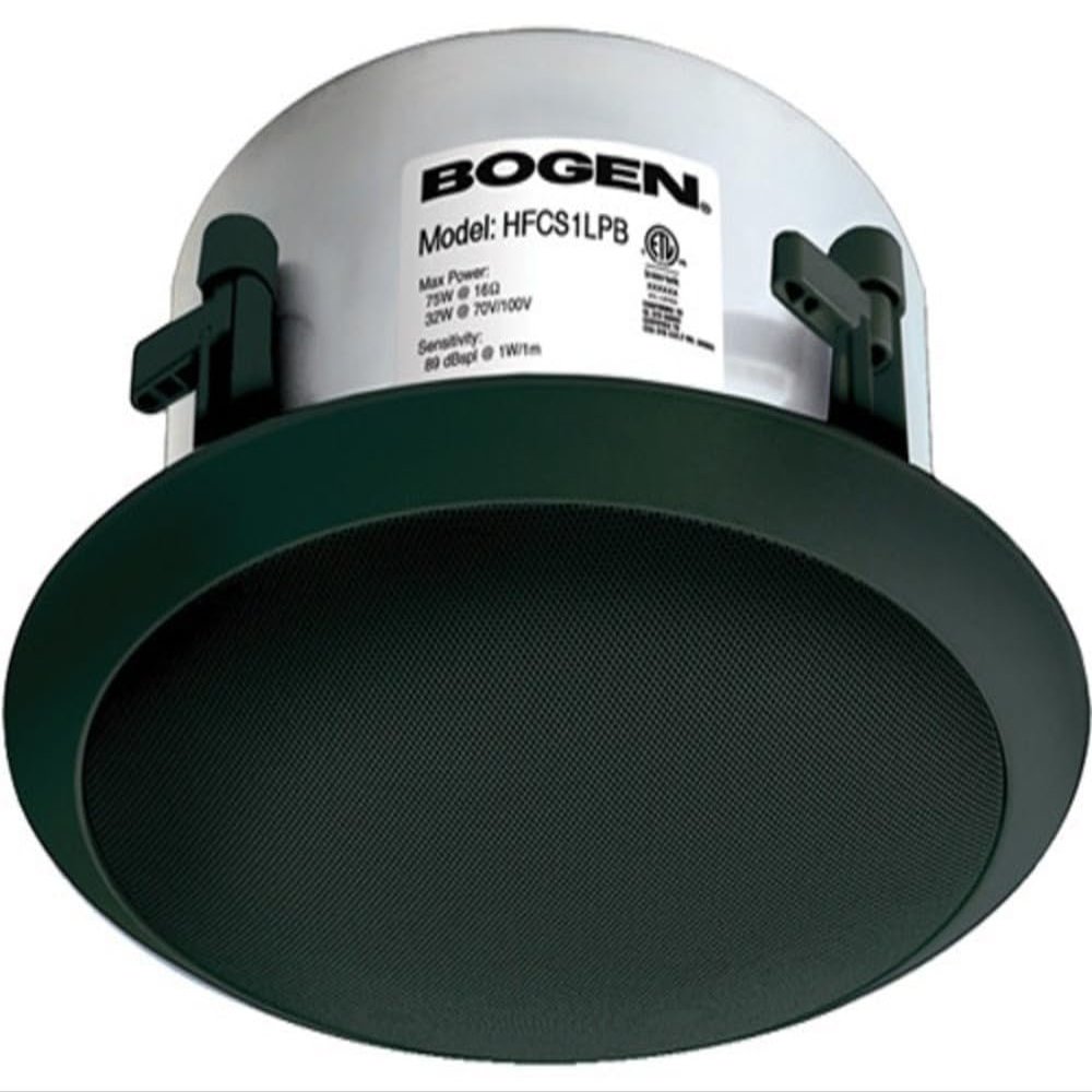Bogen HFCS1LPB High Fidelity, Low Profile Ceiling Speaker, Black; Selectable Power Taps Via Front-Mounted Control; 16-Ohm Input for Non-Transformer, Multi-Speaker Systems; Integral Swing-Out Clamps