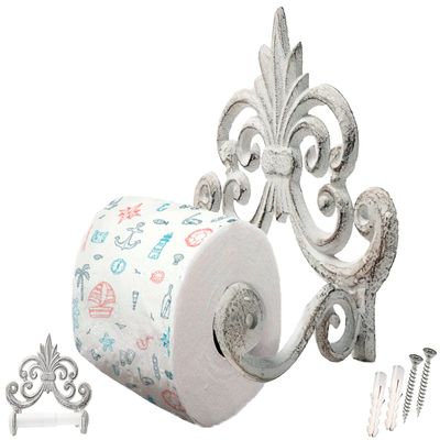 Comfify Fleur De Lis Cast Iron Toilet Paper Holder  Wall Mounted Tissue Dispenser  European Vintage Design  7.28" x 6.29" x 3.74"  Includes Screws and Anchors  Antique White