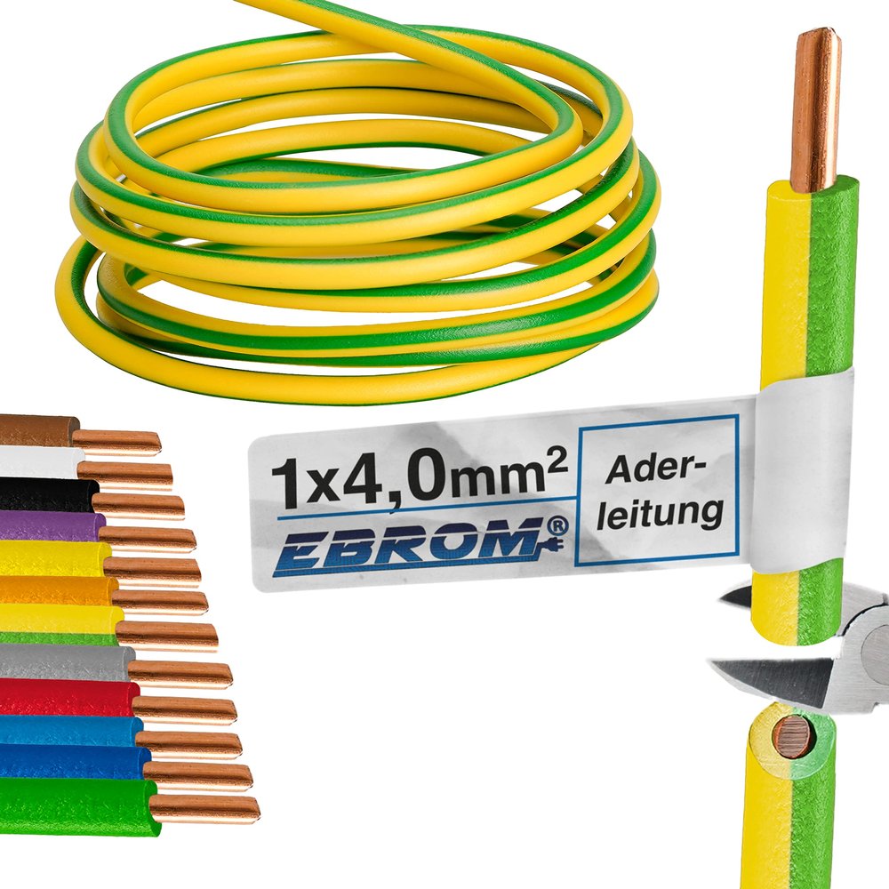 EBROM H07V-U 1 x 4 mm Rigid Conductor Cable, Green/Yellow, Choice from 10 m to 50 m.
