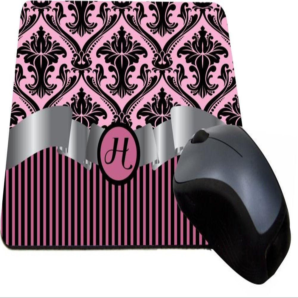Rikki Knight Letter "H" Initial Light Pink Damask and Stripes Monogrammed Design Lightning Series Gaming Mouse Pad (MPSQ-RK-2110)