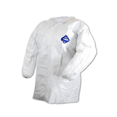 30/Case White Dupont Tyvek Lab Coats Snap Front No Pockets and Elastic Wrists - Small