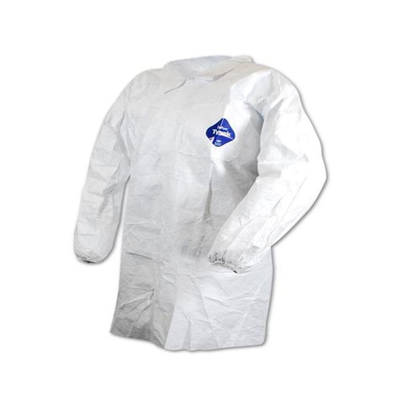 30/Case White Dupont Tyvek Lab Coats Snap Front No Pockets and Elastic Wrists - Small