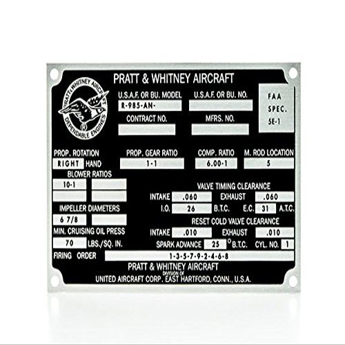 ItsYourAirplane.com, LLC Reproduction Pratt & Whitney R-985-AN Data Plate