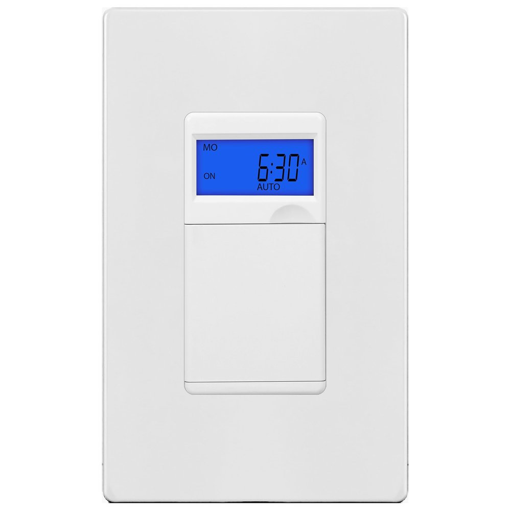Enerlites 7 Days Digital in-Wall Programmable Timer Switch for Lights, Fans, and Motors, Single Pole, Neutral Wire Required, 18 ON/Off Timer Settings, with Blue Backlight, White, Screwless Wall Plate