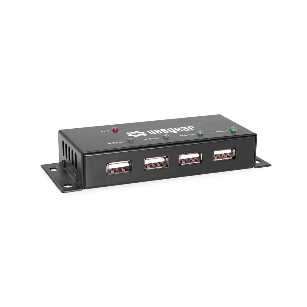 USBGear 4 Port USB 2.0 Mini Metal Hub with Mounting Flanges, 480Mbps Data Transfer, LED Port Indicators, Includes Power Adapter